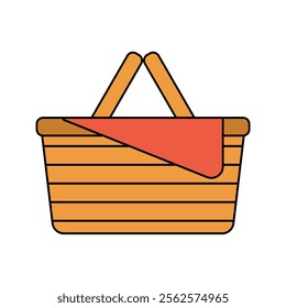 Picnic Basket Icon Illustration, A wooden picnic basket with a red napkin, evoking outdoor leisure activities. Perfect for Spring season themed designs