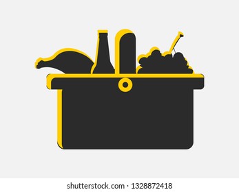 Picnic basket icon isolated on white background. Black and yellow color. Vector illustration