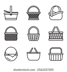 Picnic basket icon set. fruit basket. Woven basket.