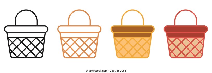 Picnic Basket Icon Set. Summer Food, Outdoor Camping, Picnic Elements Vector Illustration.