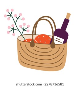 Picnic basket icon, vector doodle illustration of wine, oranges and flowers in wicker bag, romantic picnic ideas, isolated colored clipart on white background