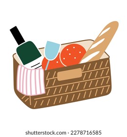 Picnic basket icon, vector doodle illustration of wicker box with packed food and drinks, wine, bread and fruits to eat outside, trendy picnic ideas for parties and dates, isolated colored clipart