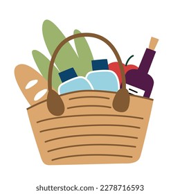 Picnic-Korbsymbol, Vektordoodle-Illustration von Wein, Brot, Flasche in Korbbeutel, romantische Picknick-Ideen, Verpackung von Außenmahlzeiten mit Früchten, einzelne farbige Clipkunst auf weißem Hintergrund
