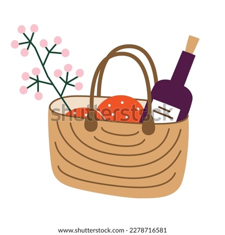 Picnic basket icon, vector doodle illustration of wine, oranges and flowers in wicker bag, romantic picnic ideas, isolated colored clipart on white background