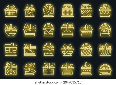 Picnic basket icons set. Outline set of picnic basket vector icons neon color on black