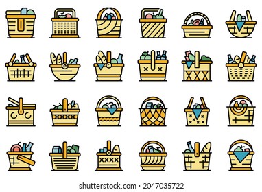 Picnic basket icons set. Outline set of picnic basket vector icons thin line color flat isolated on white