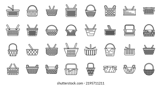 Picnic basket icons set outline vector. Fruit hamper. Food wicker