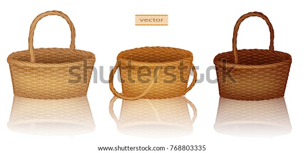 ピクニック用のバスケット 空の籠竹の図 籐籠のベクターイラスト 白い背景に 取っ手と飾り編み網かご のベクター画像素材 ロイヤリティフリー