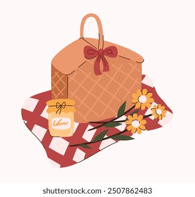 Cesta de picnic con tarro de mermelada y flores. Ilustración vectorial plana.