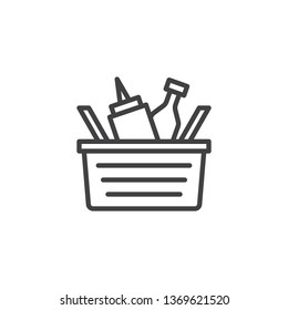 Picnic basket line icon. linear style sign for mobile concept and web design. BBQ basket with mustard bottle and ketchup outline vector icon. Symbol, logo illustration. Pixel perfect vector graphics
