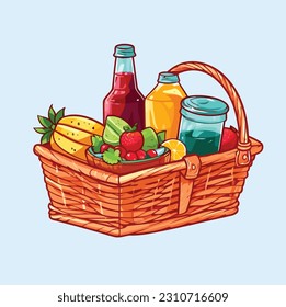 Picnic Basket With Meal Beverage and Various Fruit Hand Drawn Vector Illustration