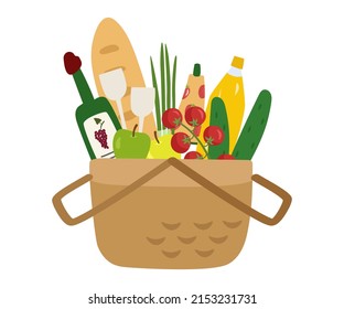 Picnic basket in nature with healthy food. Cucumber. tomatoes, wine, glasses, juice, fruit, loaf. Vector isolated illustration for the concept of a weekend summer vacation.