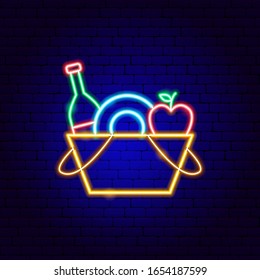 Picnic Basket Neon Sign. Vector Illustration of Food Promotion.