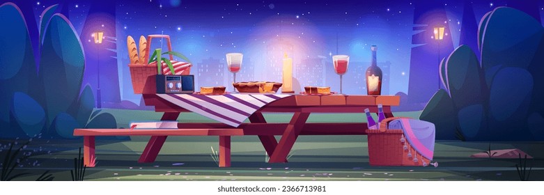 Picnic basket in night city park with table vector. Bread in hamper box. Romantic dinner meal outdoor setup with fruit, juice, grapes and pie. Wine bottle and candle glow with cityscape garden view