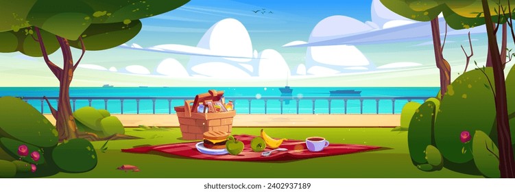 Picnic basket on blanket in seaside park. Vector cartoon illustration of burger and fruits served for lunch on green lawn under trees, ships sailing on horizon, birds flying in blue sky, summer date