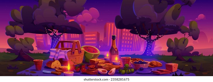 Picnic basket on ground in city park. Vector cartoon illustration of blanket on lawn under trees decorated with garland lights, food and bottle of wine served for romantic date, cityscape at dusk