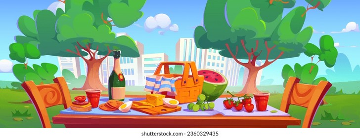 Picnic basket on table in summer city park cartoon vector background. Fruit and wine bottle setup on cloth with cityscape view. Green grass meadow and takeaway lunch meal for urban recreation