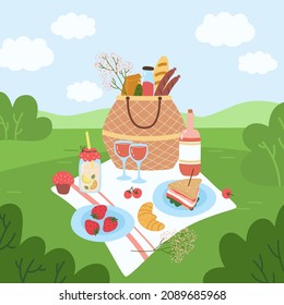 Picnic basket in park. Serving in nature. Romantic lunch in forest clearing. Eating outdoor. Tablecloth with food on grass. Bag with wine and sandwich. Summer recreation. Vector concept