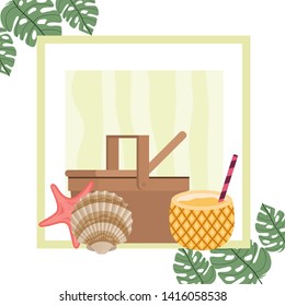 picnic basket with pineapple cocktail on white background