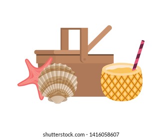 picnic basket with pineapple cocktail on white background