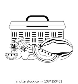 Picnic basket with products in black and white