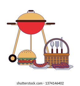 Picnic basket with products blue lines