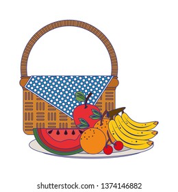 Picnic basket with products blue lines