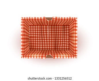 Picnic Basket With Red Chechered Tablecloth Isolated On White. Top View. Vector photo Realistic Illustration