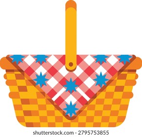 Picnic basket with red checkered cloth and blue stars red and white