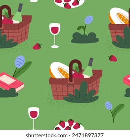 Picnic basket seamless pattern full of delicious. Vector picnic hampers for food background. Outdoor leisure print great for textiles, banners, wallpaper