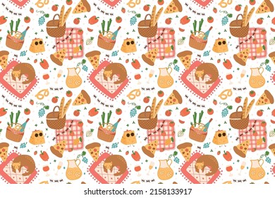 Picnic Basket Seamless Pattern. Summer Picnic Food Background. Cartoon Summer Outdoor Party Wallpaper. Outdoor Leisure Banner, Card, Print. Vector Illustration. Garden Party Banner.