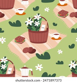 Picnic basket seamless pattern. Vector picnic hampers with coffee and flowers. Outdoor leisure print great for textiles, banners, wallpaper