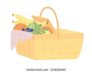 Picnic basket semi flat color vector object. Full sized item on white. Picnic hamper. Delicious snacks and fruits storage simple cartoon style illustration for web graphic design and animation