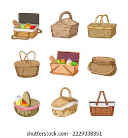 picnic basket set cartoon. food fruit, hamper summer, bread lunch, bag box, meal picnic basket vector illustration