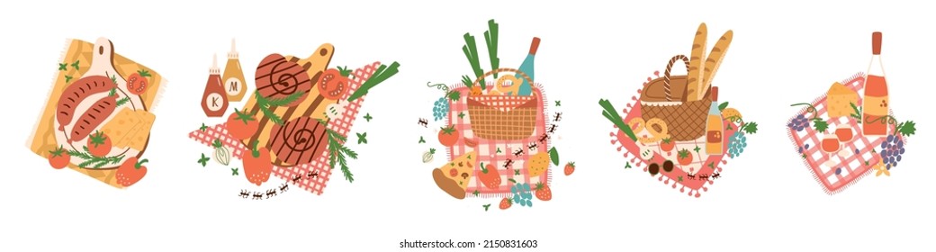 Picnic basket set. Picnic food illustration. Barbeque grilled sausages, wine, vegetable. Outdoor leisure.