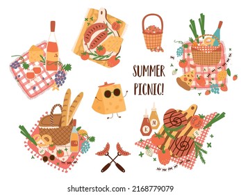 Picnic basket set. Picnic food illustration. Barbeque grilled sausages, wine, cheese, tomatoes. Outdoor summer picnic food graphic elements. Picnic food isolated on white. Vector illustration cartoon