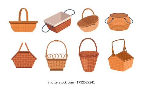 Picnic basket set isolated empty wicker containers in flat cartoon style. Vector traditional lunch or dinner baskets, handmade objects to carry food and drinks. Easter shopper grocery shopping bag