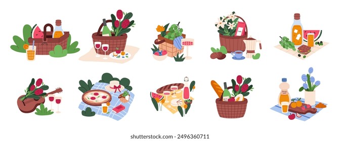 Picnic basket set. Lunch hamper. Picnic party basket with food wine, wicker box, breakfast on floor blanket outdoor. Snack straw baskets isolated on white.