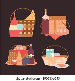 picnic basket set wine bottles bread milk sausage grapes banana blanket vector illustration
