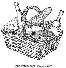 Picnic basket with snack. Hand drawn sketch. Hand drawn illustrations of picnic. Cheese, wine, fruit and french loaf in a wicker basket. 