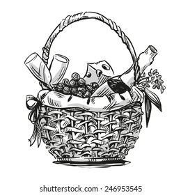 Picnic Basket With Snack. Hand Drawn.  