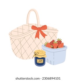 Picnic Basket With Strawberries And Jam Vector Illustration