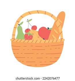 Picnic basket. Summer picnic. Basket with baguette, fruits and cheese. Vector illustration. Flat hand drawn style.