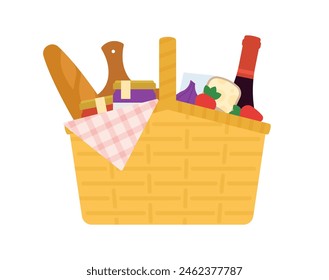 Picnic basket. Summer food outdoors - bottle of wine, bread, jam, fruit and blanket. A straw hamper food for summer lunch. Simple modern flat vector illustration. A Simplicity form, minimal style