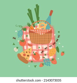 Picnic basket Summer picnic gathering graphic element. Picnic basket on the red blanket. Outdoor activity. Picnic background Food tomatoes pizza baguette bottle of wine strawberry vector illustration.