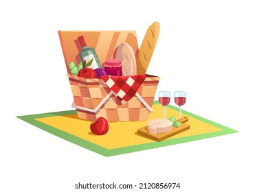 Picnic basket. Summer outdoor lunch.Bread. Bottle of wine. Apples. Jam. Brie cheese. Grapes. French baguette.