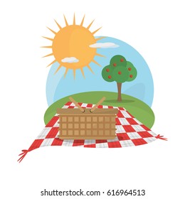 picnic basket tablecloth landscape