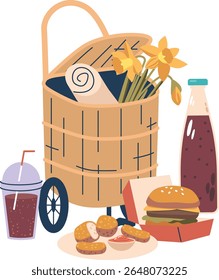 Picnic basket with tasty food