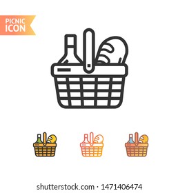 Picnic Basket Thin Line Icon Set Include of Bread and Wine Bottle. Vector illustration of Icons
