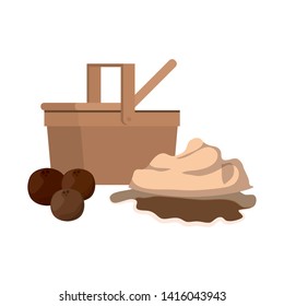 picnic basket with tropical fruits on white background